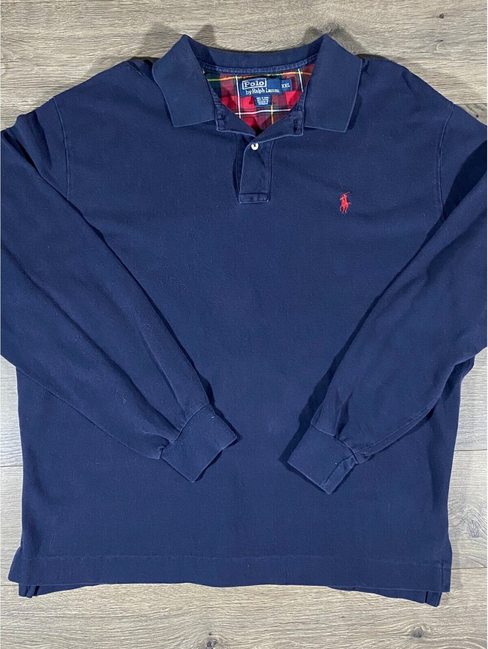 Polo Ralph Lauren Mens XXL Navy Long Sleeve Polo Red Pony Tartan Plaid Collar